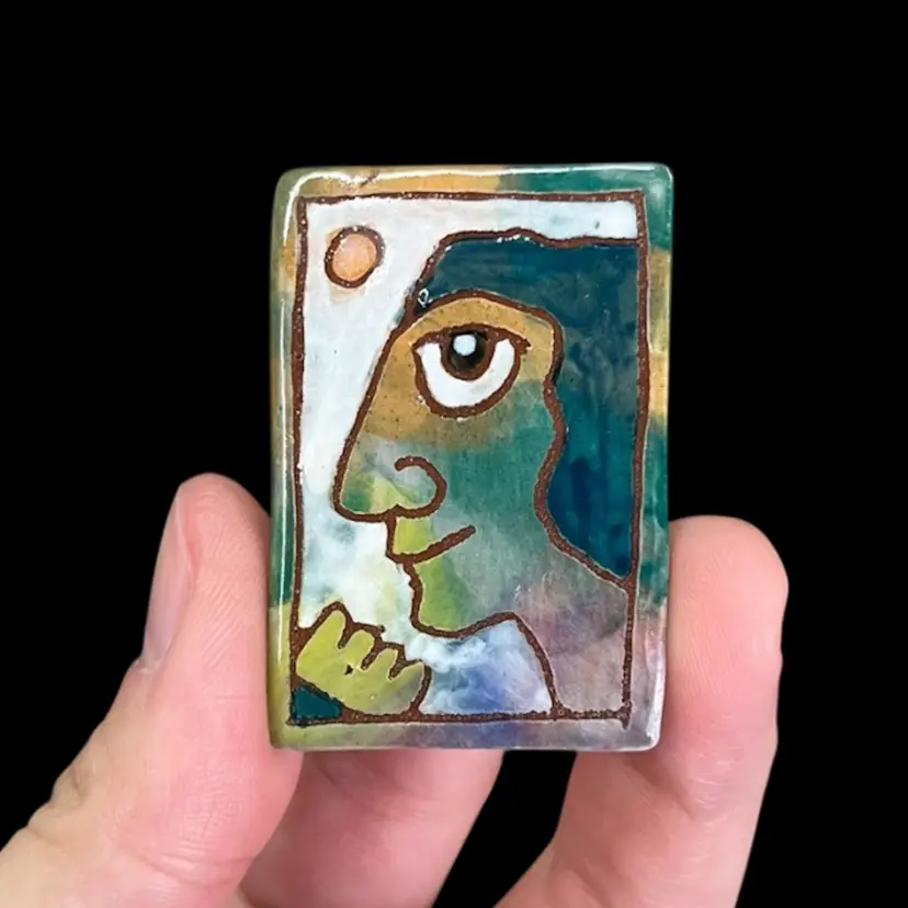 Washington Ledesma Pottery Brooch Piece *Missing Pin* Made In 1999, Handmade Art Pottery Portrait, Colorful Watercolor-Style Ceramic Art, Martha’s Vineyard Artist