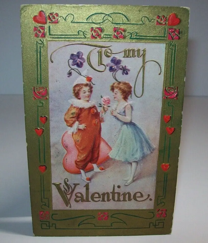 Vintage Valentines Day Postcard Embossed 1912 Clown Handing Rose To Lady Orig.