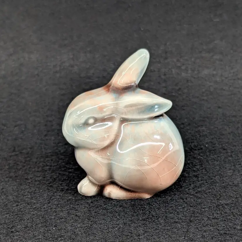 Vintage Ceramic Rabbit Bunny Figurine Pink Blue Glazed Crazing Miniature 2x2.25"