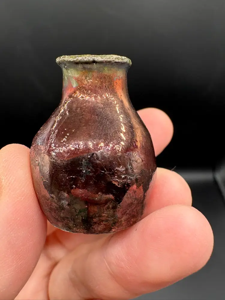 Made By Me - Raku Red Green Mirror Glaze Mini Flares Vase 1.5” Controlled Chaos Pottery