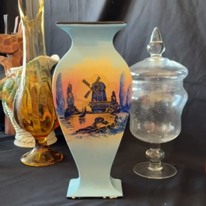 Vintage HANDPAINTED Windmill Scene  Porcelain Vase Marked Bell