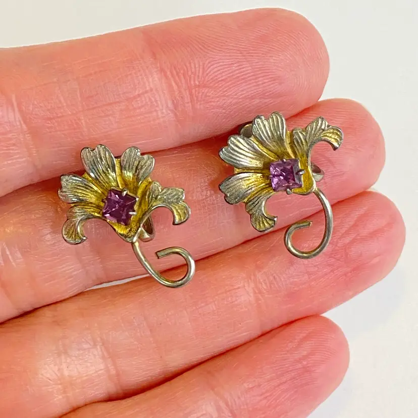 #02 Vintage Sterling Silver Floral Screwback Earrings Vermeil Purple Pink Glass Stone 1940s