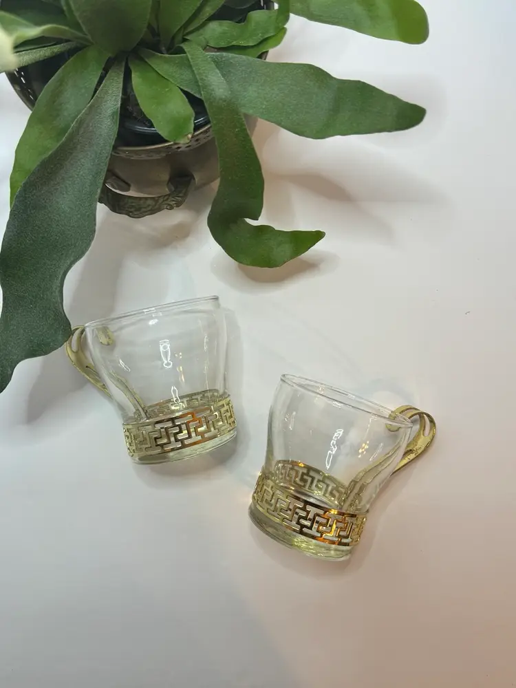 Mid Century Glass Cups With Greek Brass Detail
