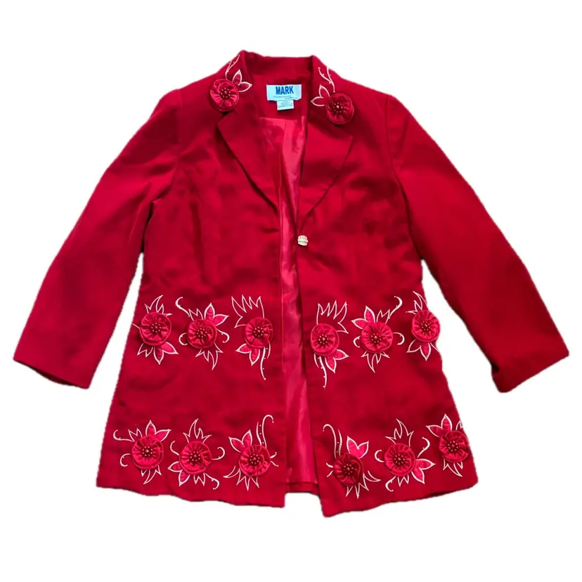 Vintage Red Floral Applique Blazer Jacket Size 22 W Bold Whimsical AS IS READ