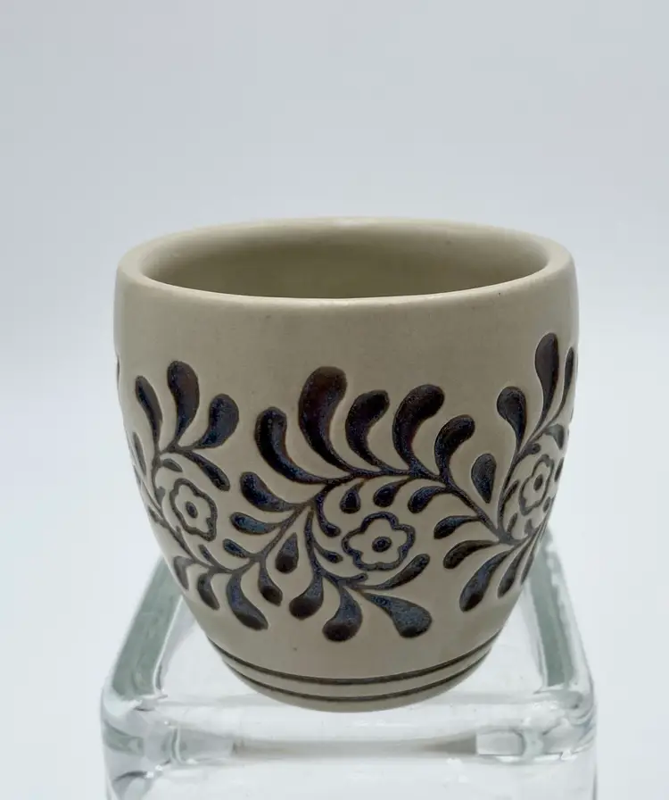 Ceramarte Stoneware Cup/Candle Holder, Taupe/Brown Florals, Made in Brazil