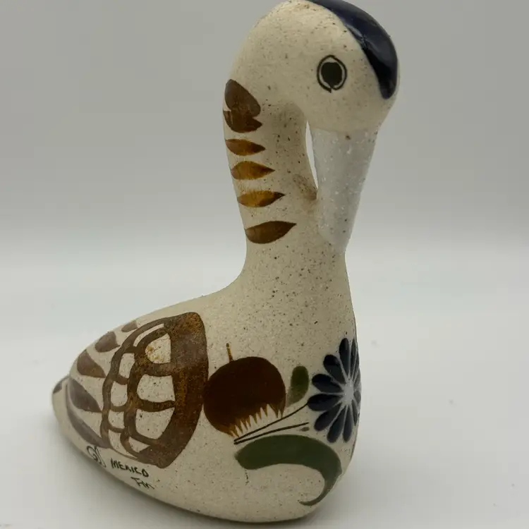 Vintage Tonala Mexican Pottery Swan Bird Folk Art Hand Painted 4.75" Tall Signed