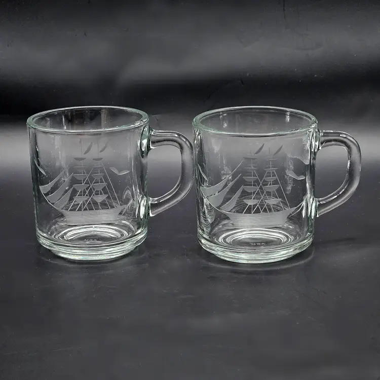 Anchor Hocking Sailing Ship Etched Glass Mugs Cups Nautical Vintage Set of 2