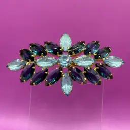 Vintage D&E Juliana Prong Set Glass Rhinestone Brooch Blues Gold Tone