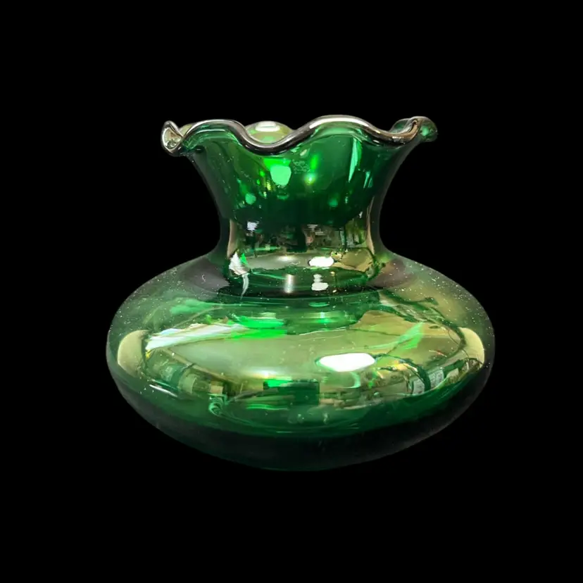 Anchor Hocking Emerald Green Ruffled Rim Squatty Bud Vase