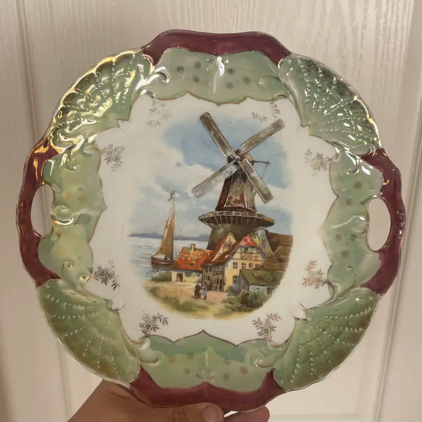 Vintage German Windmill Sea Scene Iridescent Shell Detail Decorative Plate