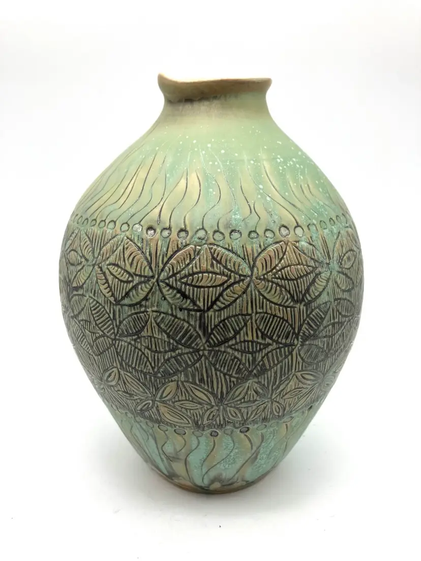BIN - Perfectly Imperfect Green Studio Pottery Vase 8” Signed