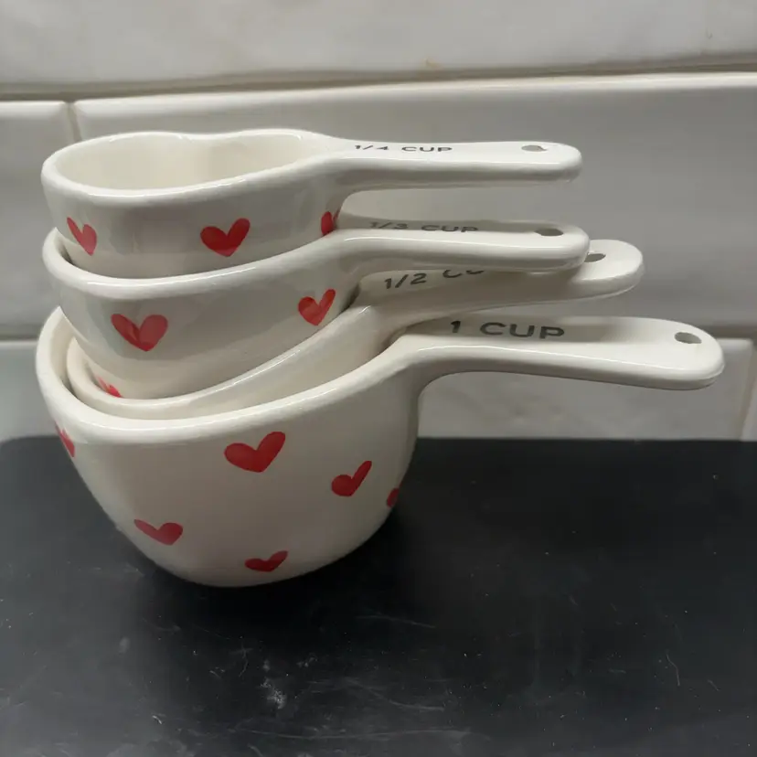 Vtg Heart Shaped Ceramic Measuring Cups Set of 4 White Red Hearts 1 1/2 1/3 1/4