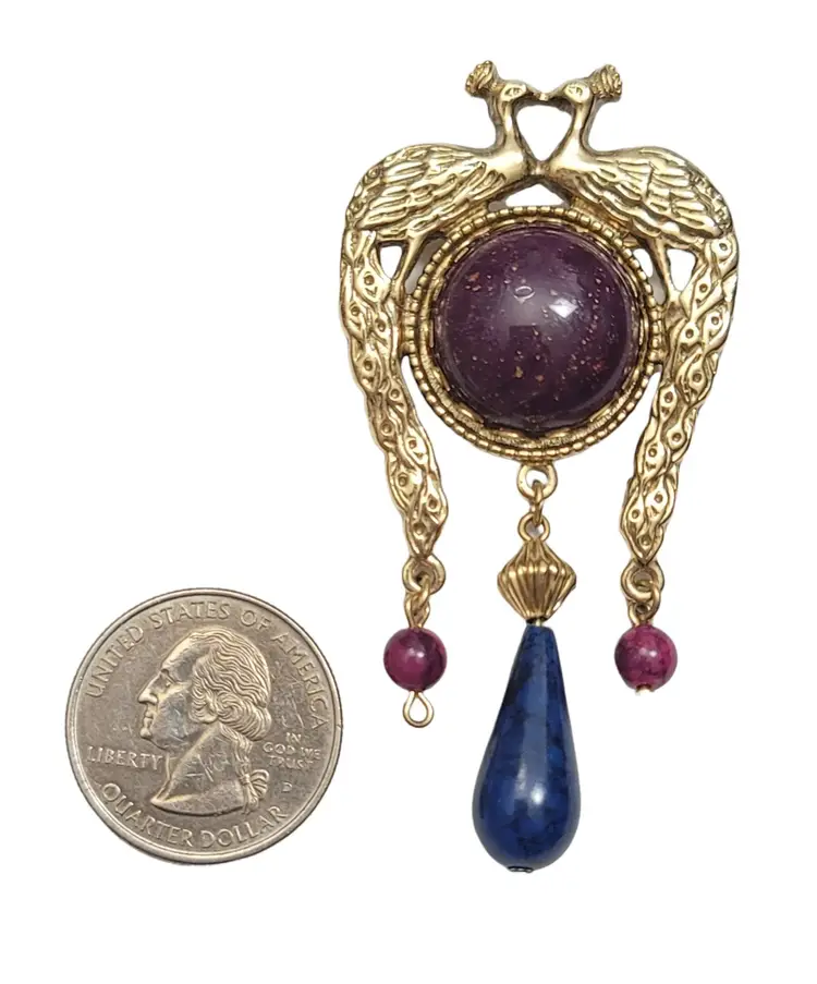 1928 Peacock Gold Tone Wine Blue Rhinestone Dangle Brooch
