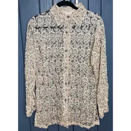 Vintage Cache Cellulose Rayon Cream Beaded Floral Button Up Top Shacket Sz Large