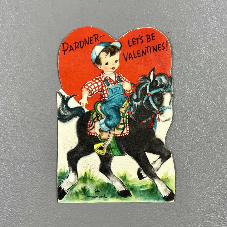 Vintage Valentine Die Cut Farmer Boy On Horse "Pardner Lets Be Valentines" 3.5" Hallmark