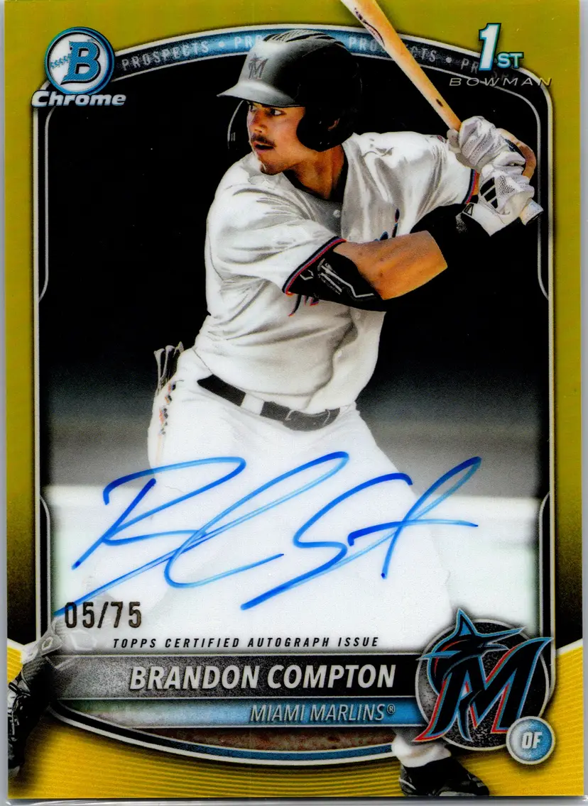2025 Bowman Draft Brandon Compton #CPA-BCO Chrome Prospect Autographs Yellow Refractor Miami Marlins #/75 Auto