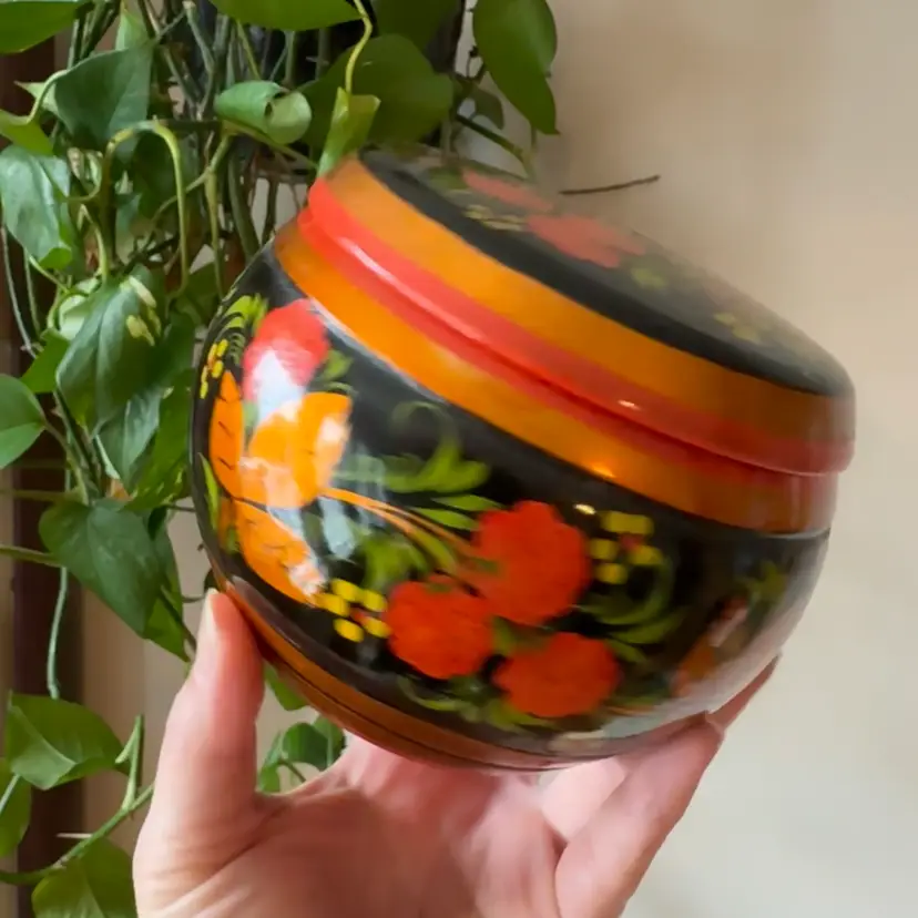 Vintage Russian Khokhloma hand-painted wooden lidded bowl