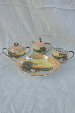 Vintage Noritake Hand Painted Swan Lake Tea Set – 4 Pieces (Japan, 1920s–30s)