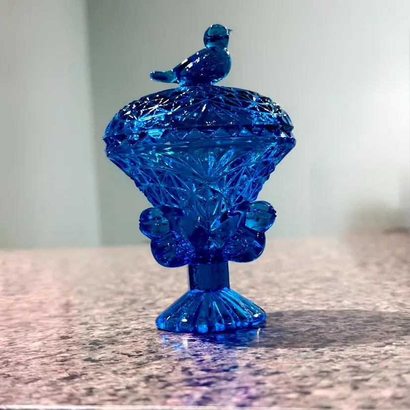 Vintage Hofbauer Byrdes Cobalt Blue Pedestal Lidded Trinket Jar
