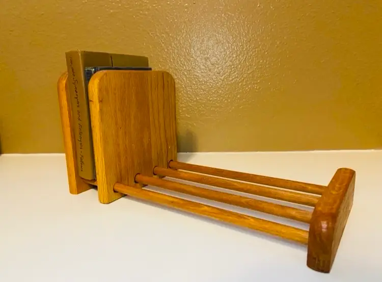 Vintage Wood Book Organizer Sliding Bookends Rustic Farmhouse Mid Century Modern