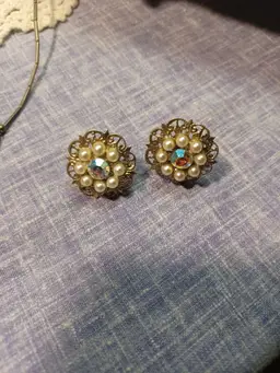 Vintage faux pearl and rhinestone screwback earrings