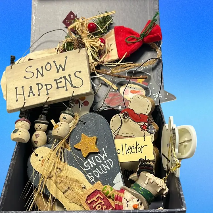 Small Box Lot Of Snowman Primitive Type Items- Includes Box Wood, Glass, Material