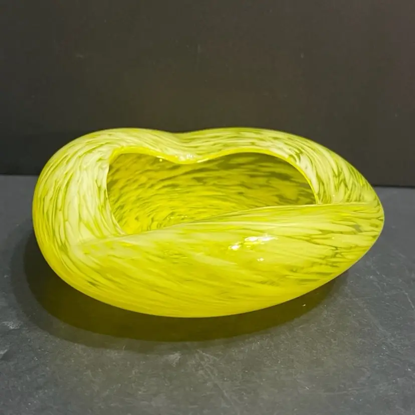 Yellow Handblown Art Glass Freeform Bowl / Ashtray *Glows* ~1.75” x 5.5” x 5.25”