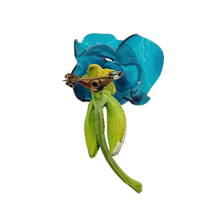 Vintage 1960s Blue Cellulose Acetate Flower Brooch Faux Pearl Green Enamel Stem