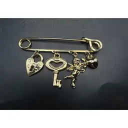Gold-Tone Safety Pin Brooch w/ Lock, Key, Cupid, & Heart Charms