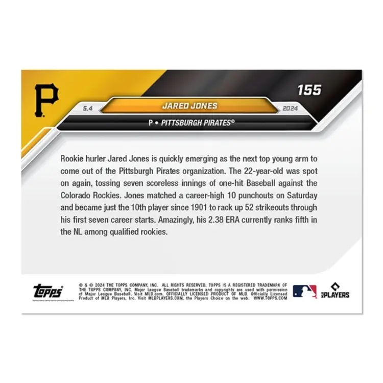 2024 ToppsNOW #155 Jared Jones RC 10th Player Since 1901 w/ 52 Ks In 1st 7 Starts