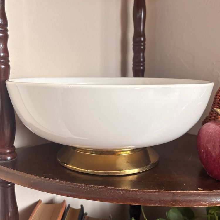 Vintage Homer Laughlin Kenilworth USA Brass Pedestal Ceramic Bowl