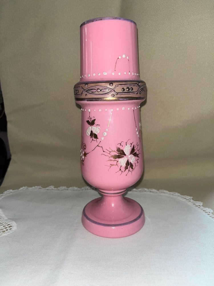 Vintage Bohemian Pink Glass Vase Enamel Painted
