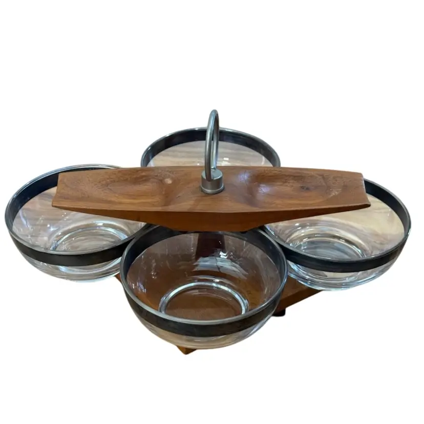 Vintage walnut Dorthy Thorpe style Lazy Susan condiment dishes