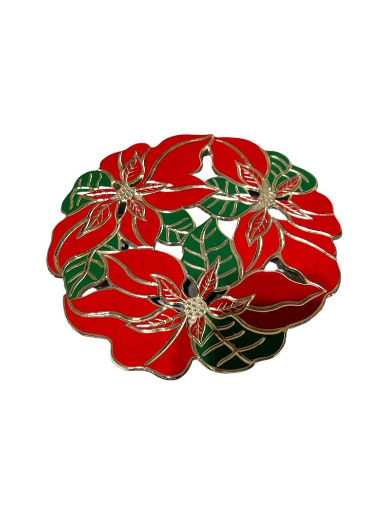 Vintage Tarnish Resistant Reticulated Enamel Metal Poinsettia With 4 Feet Trivet