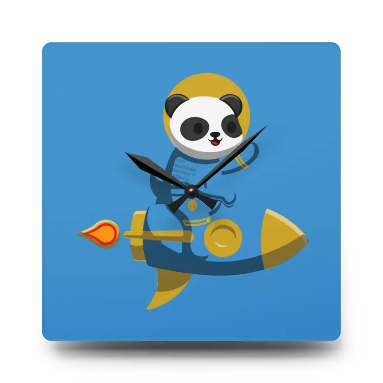 Rocket Panda – 10.75" Square Acrylic Wall Clock | Carolina Blue Edition | International Shipping Available