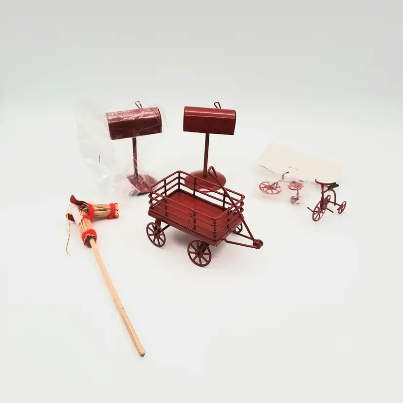 Lot of Red Metal Miniatures Dollhouse Crafting Wagon, Mailboxes, Tricycles & Hobby Horse
