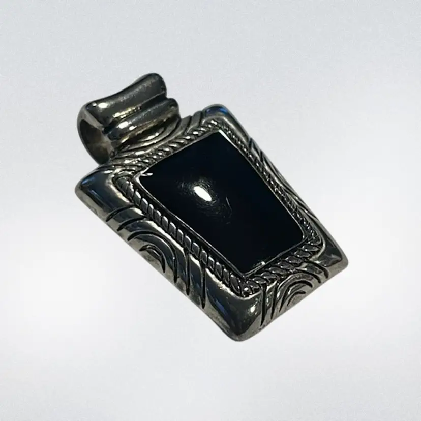 Premier Designs Faux Black Onyx Rectangle Silver Tone Pendant | 1.75”