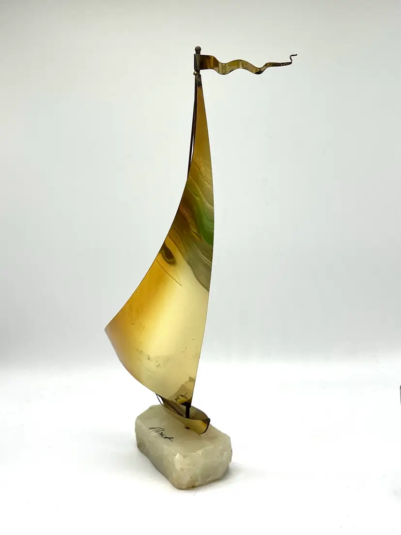 Vintage Brass Metal Brutalist Sailboat Sculpture Stone Base Signed John DeMott 