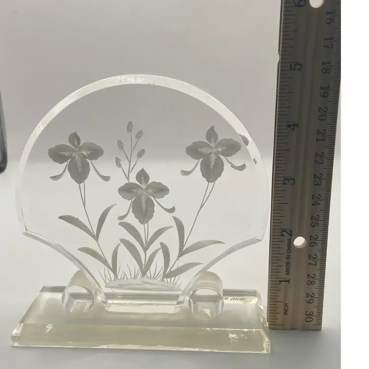 Vintage Floral Lucite Etched Art, Made In Taiwan, Orchid