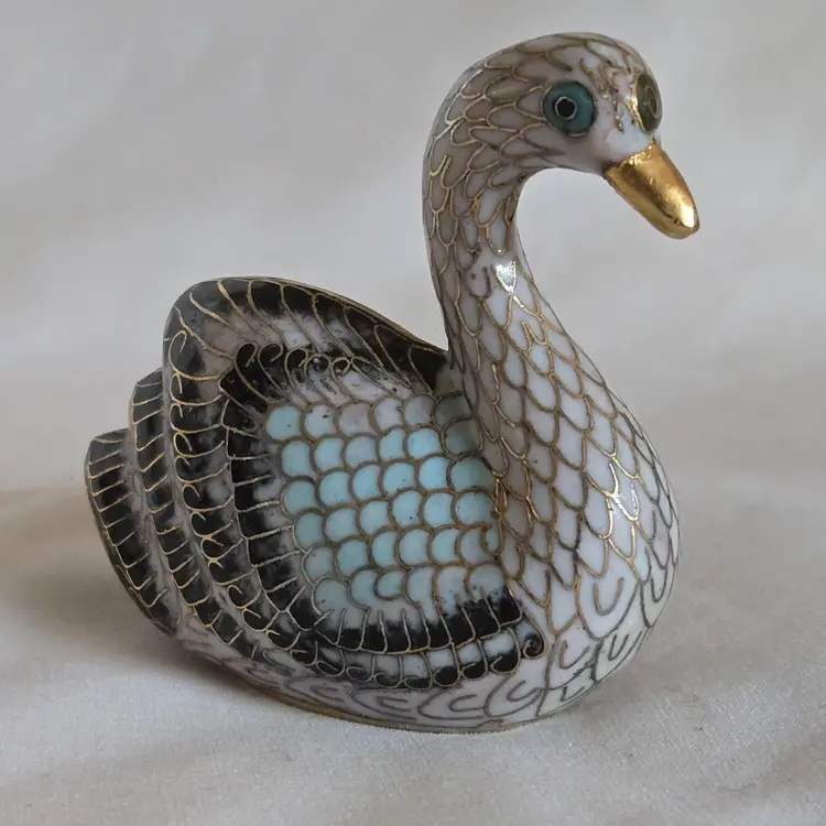 Cloisonné Enamel Swan Figurine Crane Bird Plated Brass 2½" Long Approximately Unbranded Vintage