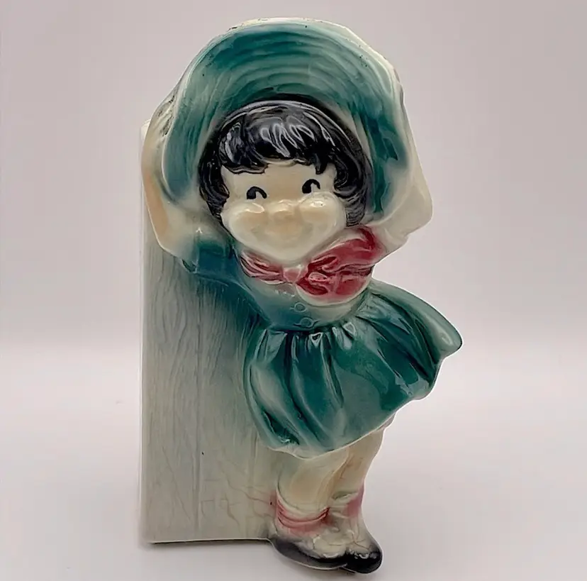 Vintage Royal Copley Planter/Wall Pocket, Girl in the Wind, Teal Green/Red.