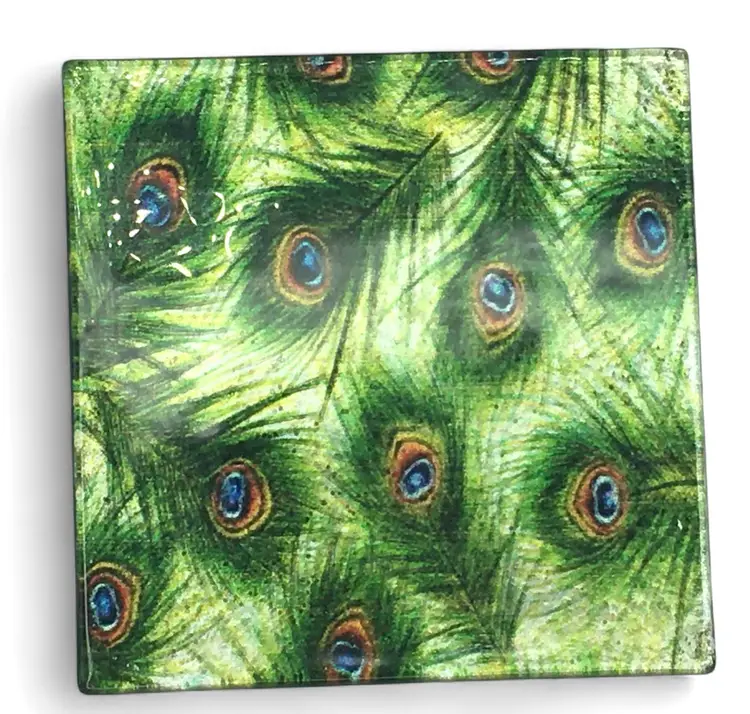 Peacock Feather Glass Coasters Set of 4 Decorative Iridescent Design Rubber Feet