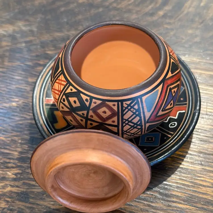 Hand Painted Peruvian Clay Trinket Box with Lid and Coaster