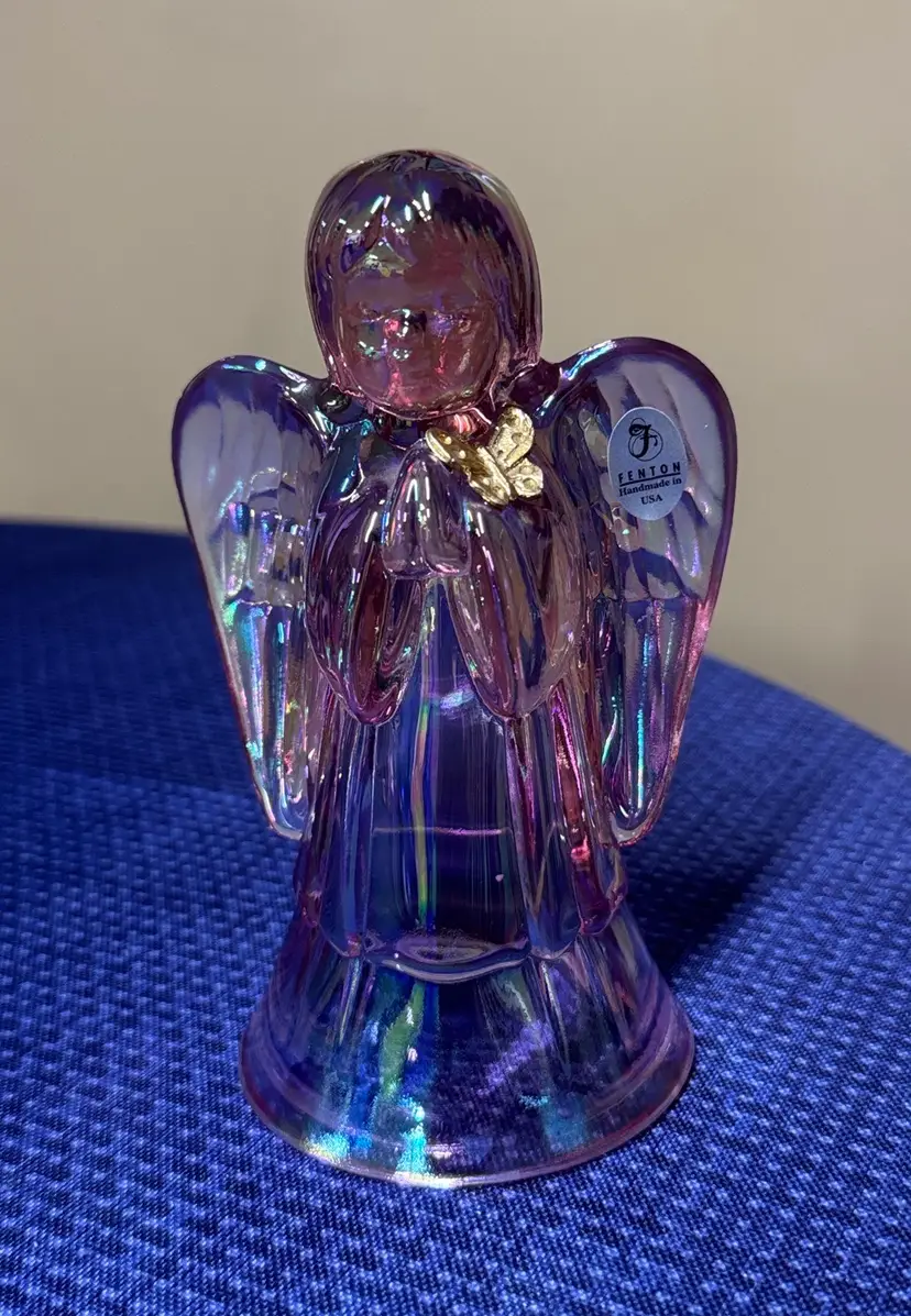 Fenton iridescent Pink Praying Angel Figurine with gold butterfly