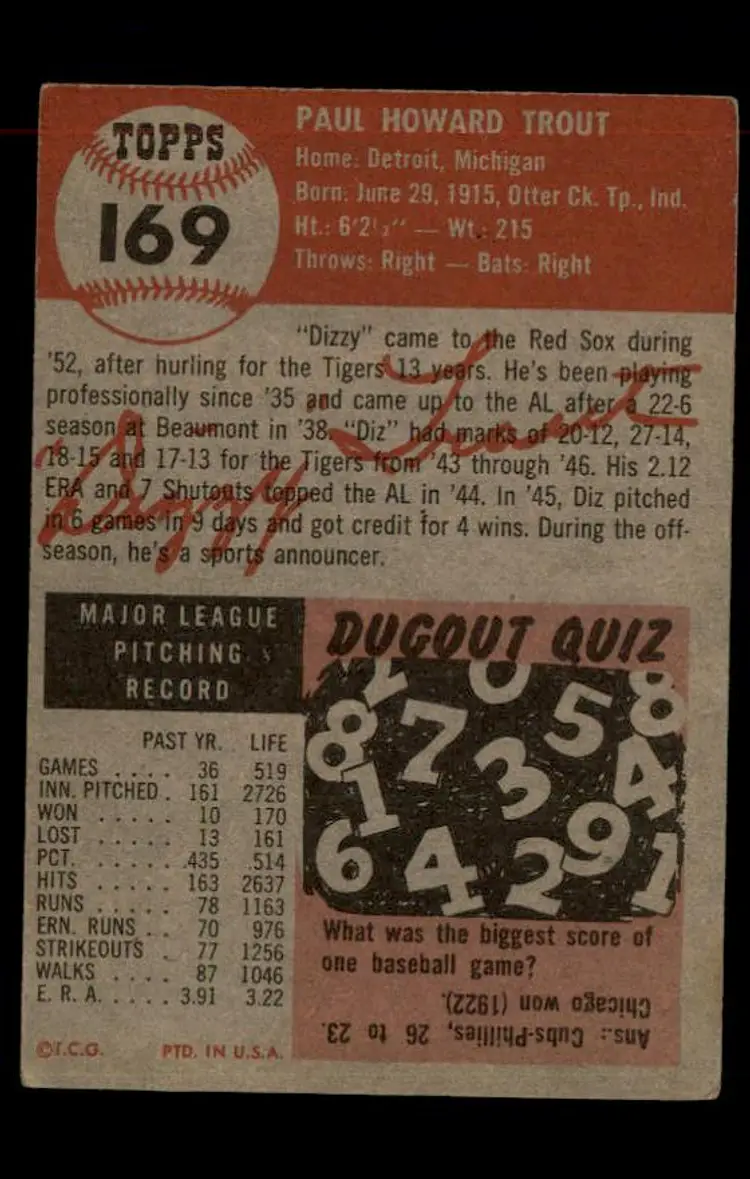 1953 Topps #169 Dizzy Trout - (pk-tl1) - Boston Red Sox