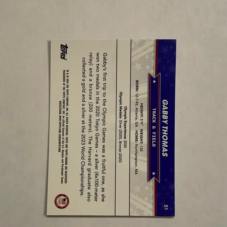 Gabby Thomas 2024 Topps Chrome US Olympic & Paralympic Hopefuls Blue Refractor /150 #51