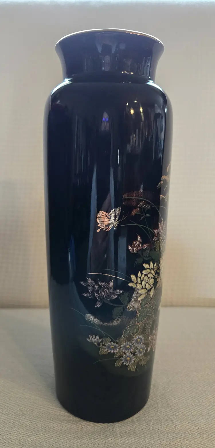 Vintage RHM Black Porcelain Floral Vase