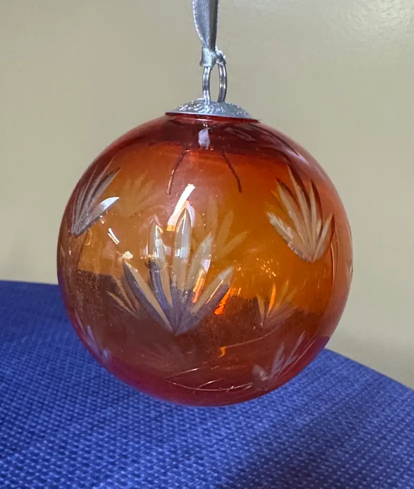 Red cut to clear Glass Ornament with Silver Accents 3”