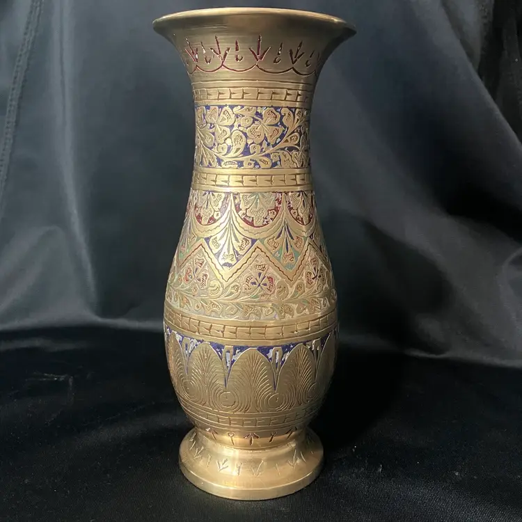 Vintage Multicolored Etched Brass Vase With Floral & Geometric Design 6” India