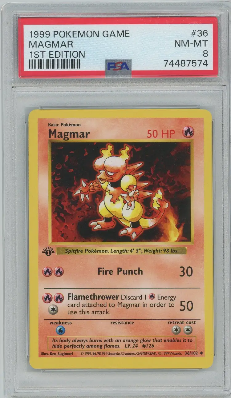 Pokémon 1999 Base Set 1st Edition Shadowless Magmar #36 PSA 8